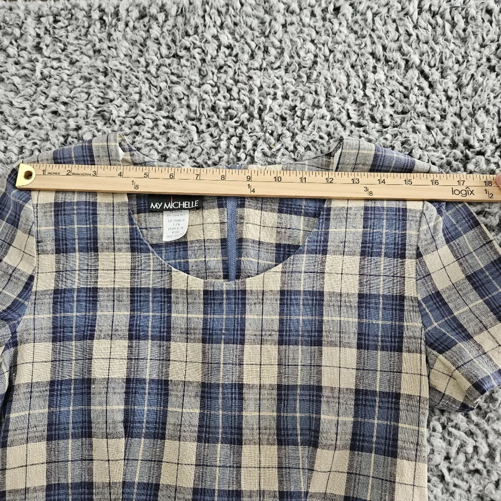 Vintage 90s My Michelle Blue Plaid Mini Dress 7/8 XS Short Sleeve Linen Grunge - Picture 6 of 14